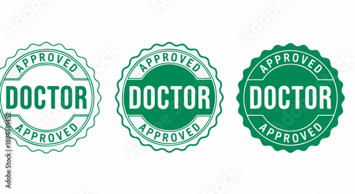 Approved Doctor stamp and badge set vector graphic for medical certification and endorsement on white background