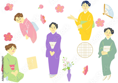 旅館・料亭の女将の和のおもてなし　着物の女性　インバウンド向け素材
