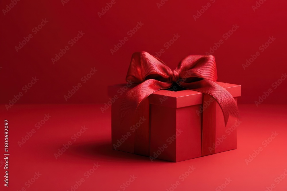 Fototapeta premium Red Gift Box with Silk Ribbon Bow on Red Background