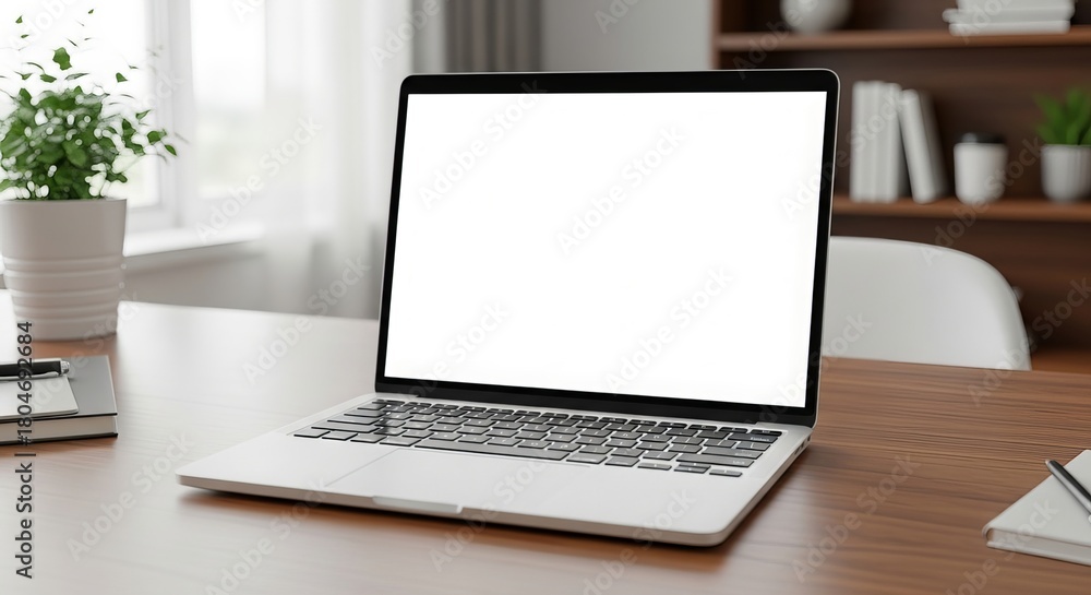 Fototapeta premium Laptop with a blank white screen on a wooden desk in a bright office setting perfect for showcasing websites or applications with a clean and professional look