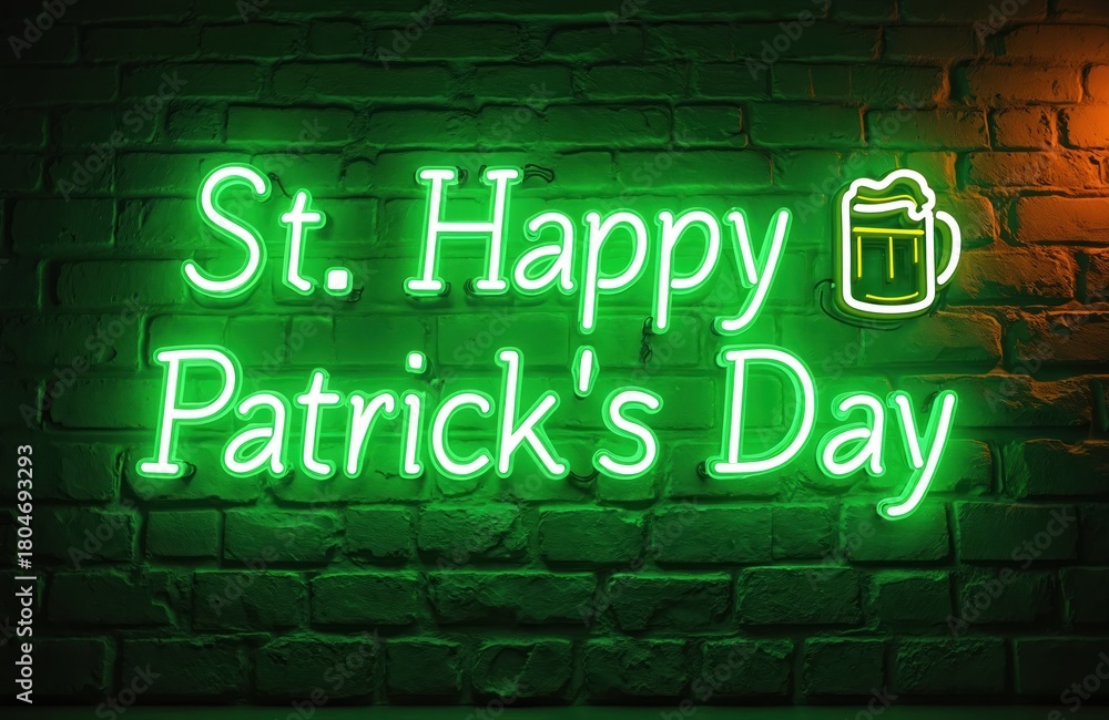 Fototapeta premium Green neon light sign with St. Happy Patrick Day text, beer mug icon illuminates dark brick wall. Bright glowing decorative sign creates festive mood for Irish March holiday celebration, perfect for
