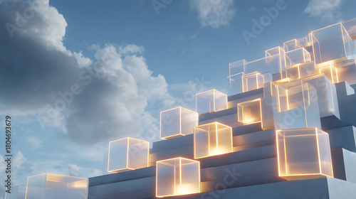 Staircase of glowing glass cubes ascending into cloudy sky, futuristic abstract architecture with warm light and geometric repetition
