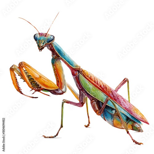 Watercolor vector illustration of Mantis, isolated on white background.