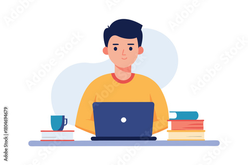 Cartoon illustration of a young boy working on a laptop on a white background with a playful and educational mood