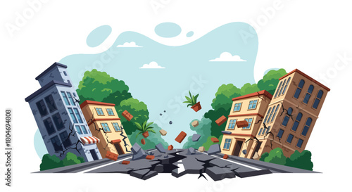 Flat vector earthquake scene showing shaking buildings and cracked roads in a modern city. Ideal for disaster education, emergency guides, safety training, and awareness materials