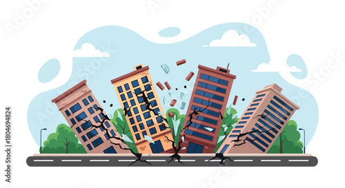 Flat vector earthquake scene showing shaking buildings and cracked roads in a modern city. Ideal for disaster education, emergency guides, safety training, and awareness materials