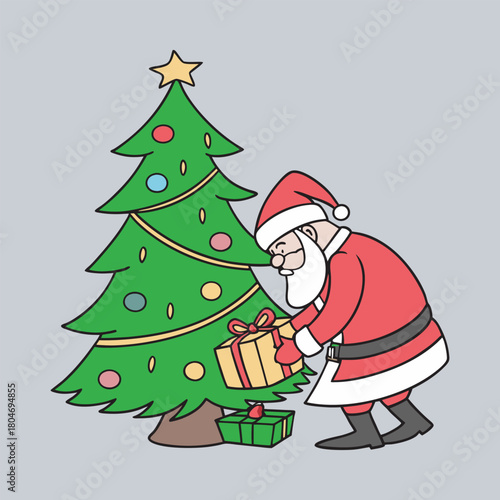  Santa claus putting gift under christmas tree vecto