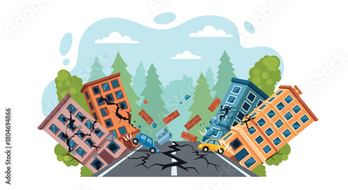 Flat vector earthquake scene showing shaking buildings and cracked roads in a modern city. Ideal for disaster education, emergency guides, safety training, and awareness materials