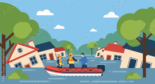 Flat vector flooded neighborhood with rescue teams helping residents by boat. Ideal for flood awareness campaigns, emergency response guides, weather alerts, and safety materials