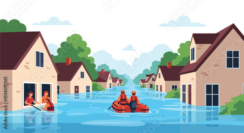 Flat vector flooded neighborhood with rescue teams helping residents by boat. Ideal for flood awareness campaigns, emergency response guides, weather alerts, and safety materials