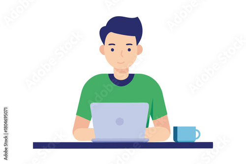 Young man working on a laptop in a cozy home office setting vector illustration on white background