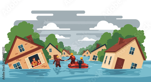 Flat vector flooded neighborhood with rescue teams helping residents by boat. Ideal for flood awareness campaigns, emergency response guides, weather alerts, and safety materials