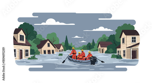Flat vector flooded neighborhood with rescue teams helping residents by boat. Ideal for flood awareness campaigns, emergency response guides, weather alerts, and safety materials