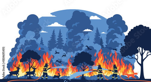 Flat vector forest wildfire with flames, smoke, and firefighters battling the blaze. Ideal for climate change visuals, safety training, wildfire awareness, and environmental education