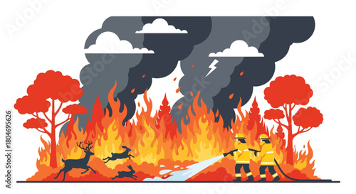 Flat vector forest wildfire with flames, smoke, and firefighters battling the blaze. Ideal for climate change visuals, safety training, wildfire awareness, and environmental education