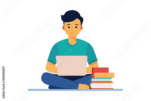 Young man studying with laptop and books, engaged in online learning or remote education from home setup.