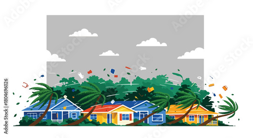 Flat vector hurricane striking coastal homes with strong winds and debris. Ideal for weather alerts, disaster prevention guides, preparedness training, and educational materials