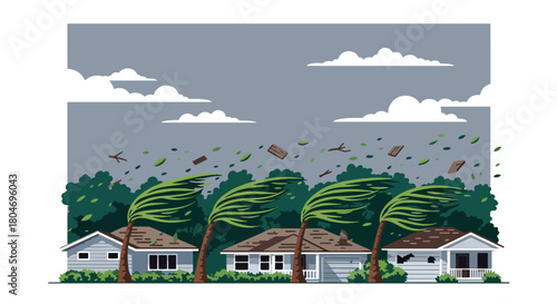 Flat vector hurricane striking coastal homes with strong winds and debris. Ideal for weather alerts, disaster prevention guides, preparedness training, and educational materials