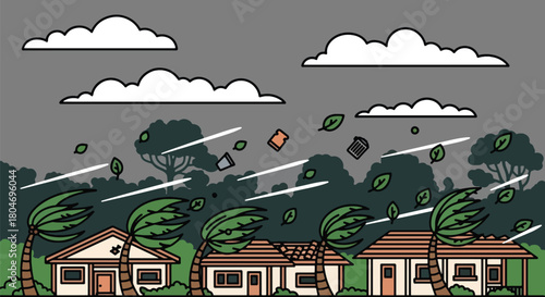 Flat vector hurricane striking coastal homes with strong winds and debris. Ideal for weather alerts, disaster prevention guides, preparedness training, and educational materials