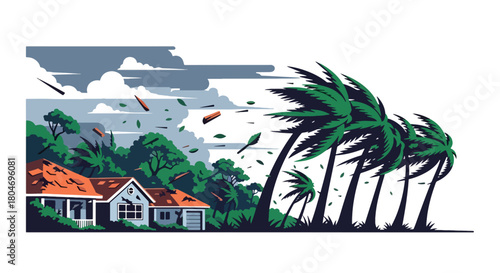 Flat vector hurricane striking coastal homes with strong winds and debris. Ideal for weather alerts, disaster prevention guides, preparedness training, and educational materials
