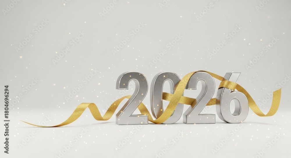 Fototapeta premium Matte silver 2026 numbers wrapped in a sparkling gold ribbon on a subtle, light gray background