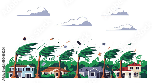 Flat vector hurricane striking coastal homes with strong winds and debris. Ideal for weather alerts, disaster prevention guides, preparedness training, and educational materials