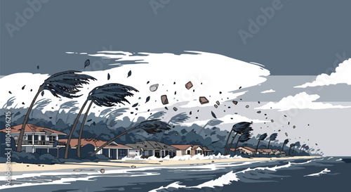 Flat vector hurricane striking coastal homes with strong winds and debris. Ideal for weather alerts, disaster prevention guides, preparedness training, and educational materials
