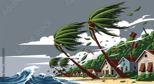 Flat vector hurricane striking coastal homes with strong winds and debris. Ideal for weather alerts, disaster prevention guides, preparedness training, and educational materials