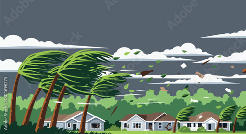 Flat vector hurricane striking coastal homes with strong winds and debris. Ideal for weather alerts, disaster prevention guides, preparedness training, and educational materials
