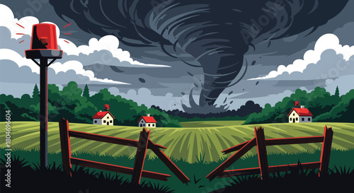 Flat vector tornado funnel heading toward a rural town with warning sirens activated. Ideal for meteorology graphics, disaster preparedness, emergency planning, and safety campaigns