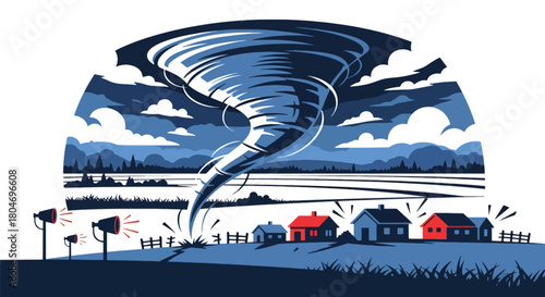 Flat vector tornado funnel heading toward a rural town with warning sirens activated. Ideal for meteorology graphics, disaster preparedness, emergency planning, and safety campaigns