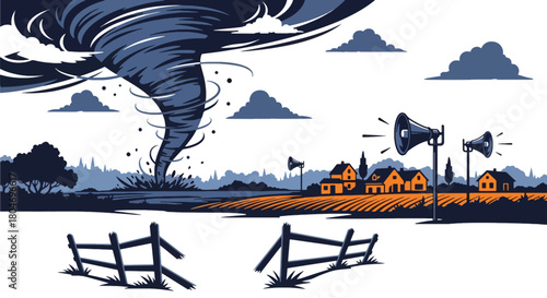Flat vector tornado funnel heading toward a rural town with warning sirens activated. Ideal for meteorology graphics, disaster preparedness, emergency planning, and safety campaigns