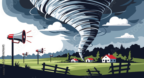 Flat vector tornado funnel heading toward a rural town with warning sirens activated. Ideal for meteorology graphics, disaster preparedness, emergency planning, and safety campaigns