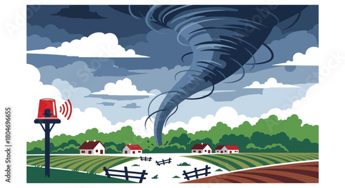 Flat vector tornado funnel heading toward a rural town with warning sirens activated. Ideal for meteorology graphics, disaster preparedness, emergency planning, and safety campaigns