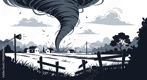 Flat vector tornado funnel heading toward a rural town with warning sirens activated. Ideal for meteorology graphics, disaster preparedness, emergency planning, and safety campaigns