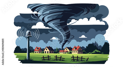 Flat vector tornado funnel heading toward a rural town with warning sirens activated. Ideal for meteorology graphics, disaster preparedness, emergency planning, and safety campaigns