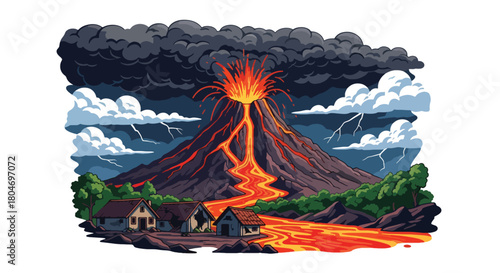 Flat vector volcano erupting with lava and ash clouds rising into the sky. Ideal for geology lessons, natural hazard education, emergency preparedness, and environmental content