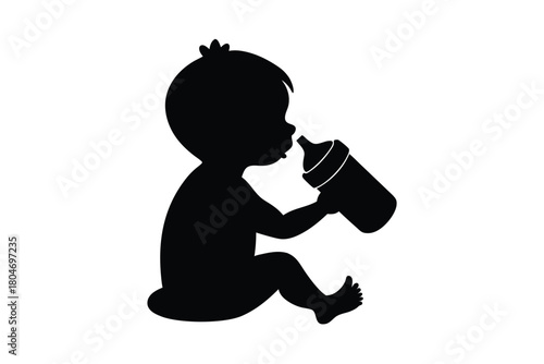 Silhouette illustration of a baby drinking from a bottle, a universal symbol for infant feeding and child care.