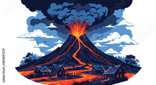Flat vector volcano erupting with lava and ash clouds rising into the sky. Ideal for geology lessons, natural hazard education, emergency preparedness, and environmental content