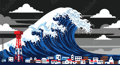 Flat vector giant tsunami wave approaching coastal town with alarm towers. Ideal for disaster education, shoreline safety guides, evacuation training, and environmental awareness