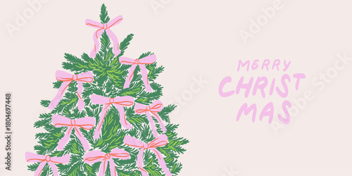 Christmas holiday banner, card, poster, cover, background. Modern whimsical xmas design with hand drawn beautiful Christmas tree with pink bows and ribbons for seasonal greetings, sales, print, ads.