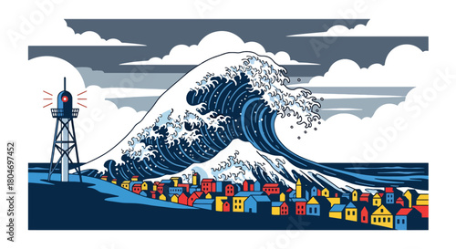 Flat vector giant tsunami wave approaching coastal town with alarm towers. Ideal for disaster education, shoreline safety guides, evacuation training, and environmental awareness