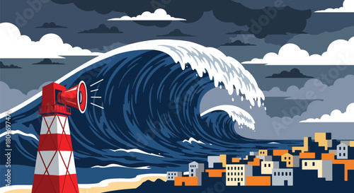Flat vector giant tsunami wave approaching coastal town with alarm towers. Ideal for disaster education, shoreline safety guides, evacuation training, and environmental awareness