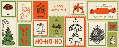 Winter holidays hand drawn post stamps in doodle sketch style. Christmas or new year postal elements for poster, placard or postcard prints. Xmas vector illustrations for mail, letters and scrapbook.