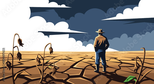 Flat vector drought scene with cracked earth and dried farmland under extreme heat. Ideal for climate change visuals, environmental studies, farming impact guides, and awareness content