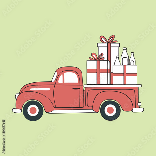 Set of colorful Charistmas red truck with gift boxs vector 4