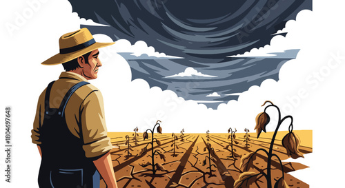 Flat vector drought scene with cracked earth and dried farmland under extreme heat. Ideal for climate change visuals, environmental studies, farming impact guides, and awareness content