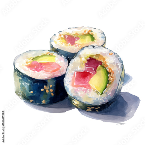 Maki Rolls, watercolor painting, vector illustration, isolated on a white background.