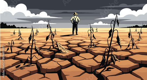 Flat vector drought scene with cracked earth and dried farmland under extreme heat. Ideal for climate change visuals, environmental studies, farming impact guides, and awareness content