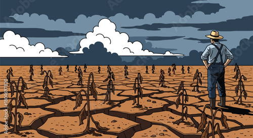 Flat vector drought scene with cracked earth and dried farmland under extreme heat. Ideal for climate change visuals, environmental studies, farming impact guides, and awareness content